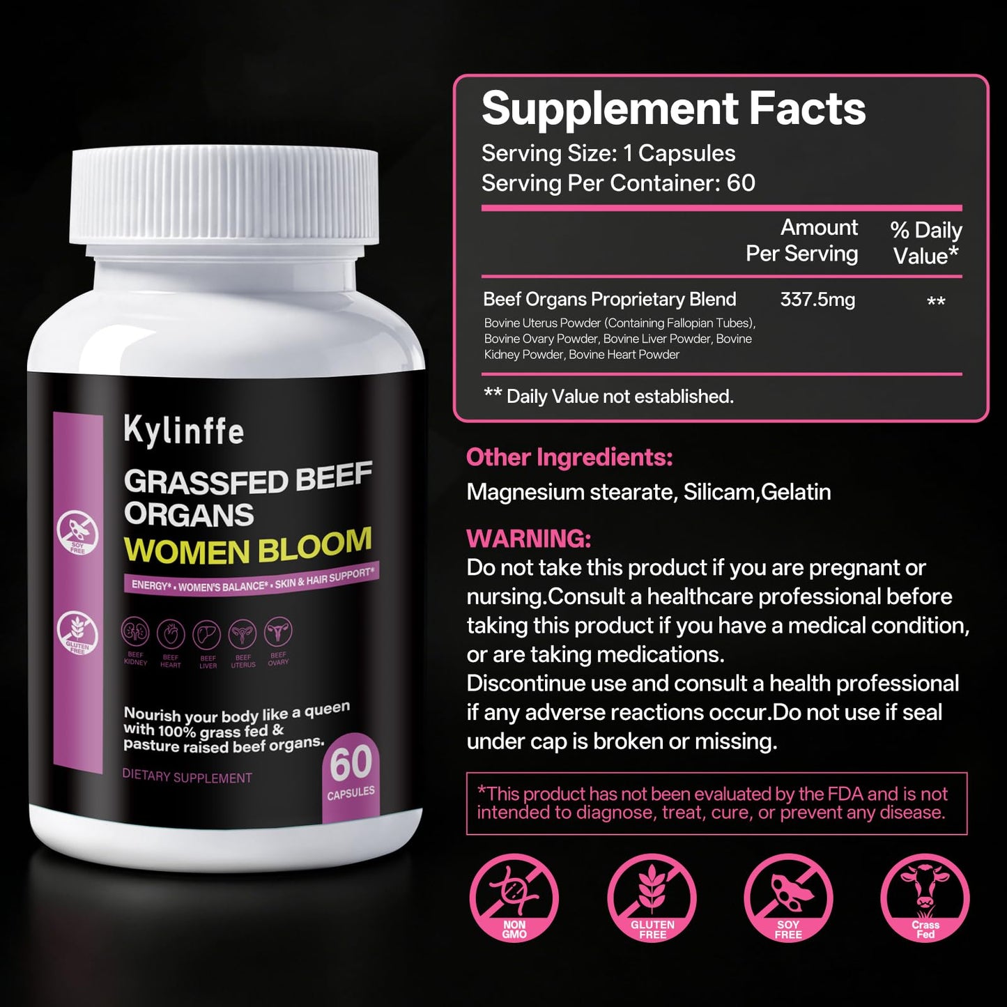 Oopeatol 5-in-1 Beef Organ Supplement for Women, Supports Feminine Energy, & Daily Wellness, Grass Fed Beef Organs, Freeze Dried, Third Party Tested & Non GMO, Capsules, 60 Count