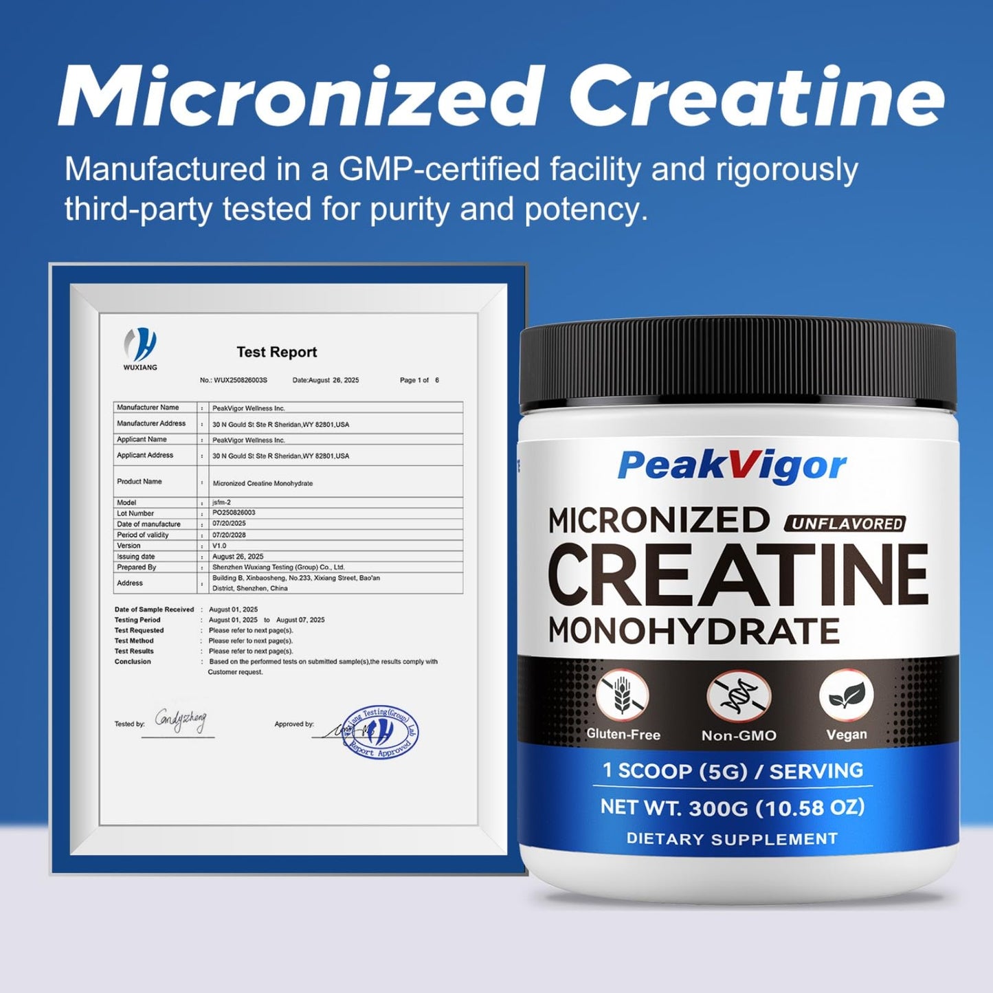 PeakVigor Organics 100% Pure Micronized Creatine Monohydrate Powder, 5000mg per Serving, 60 Servings