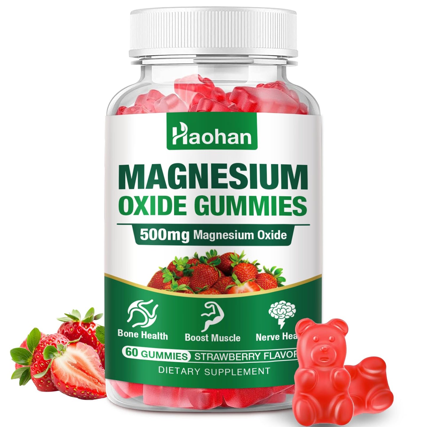 Haohan Magnesium Oxide Gummies 500mg Strawberry Flavor Chewable Supplement for Adults & Kids with Nerve & Muscle Support, 60 Count