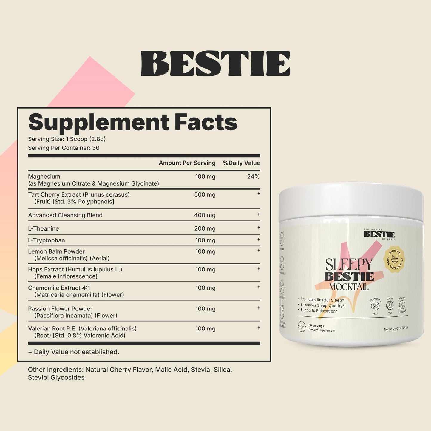 Biohacking Bestie Sleepy Bestie Mocktail Powder Magnesium Citrate & Glycinate for Sleep, L-Theanine & Tart Cherry Extract, Gluten Free 2.96 oz