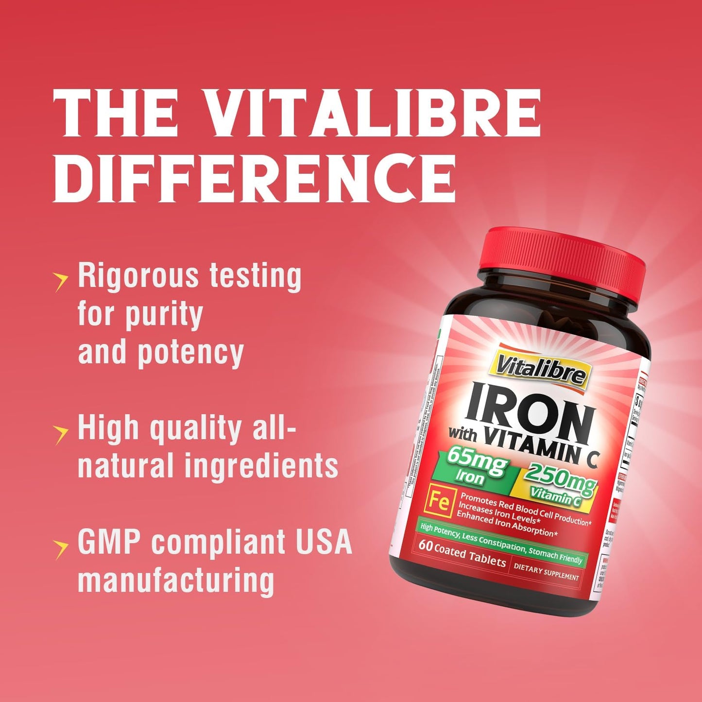 Vitalibre Iron Supplement Tablets, 65mg Carbonyl Iron with 250mg Vitamin C, Stomach Friendly, Non-GMO, 60 Count