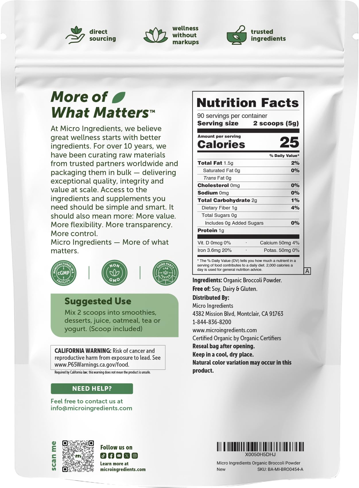 Micro Ingredients Organic Broccoli Powder, 16 oz
