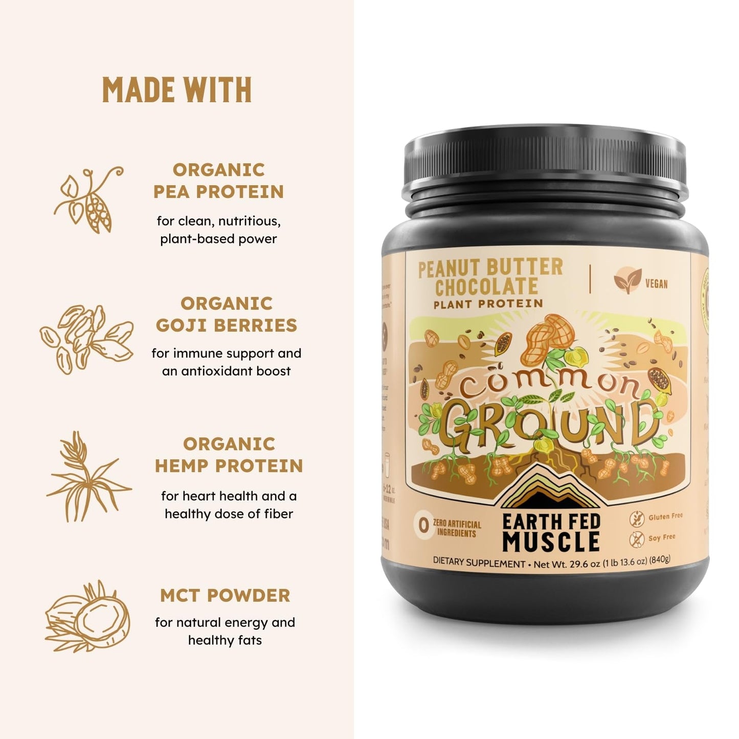 Earth Fed Muscle Organic Plant Protein Chocolate Peanut Butter Powder 29.6
