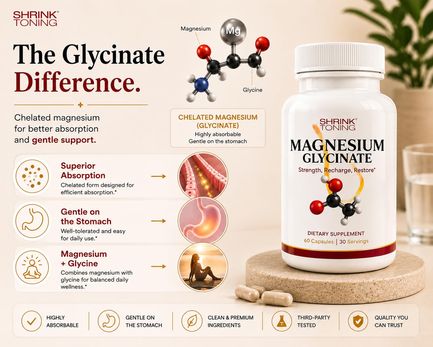 Shrink Magnesium Glycinate 1666 mg High Absorption Magnesium Supplement Supports Muscle Function, 60 Capsules