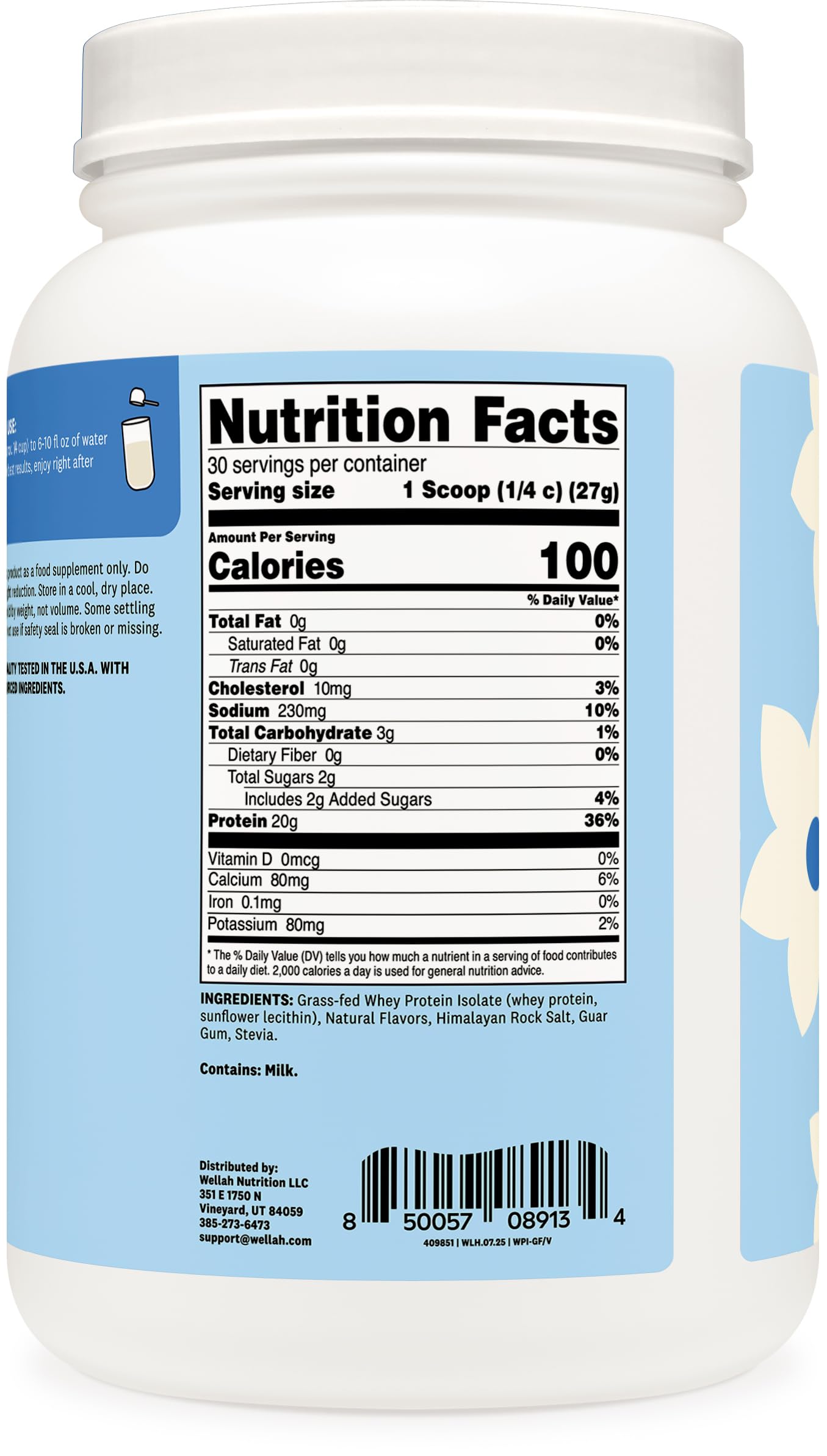 Wellah Grass-Fed Whey Protein Isolate Powder (Vanilla), 27 Servings