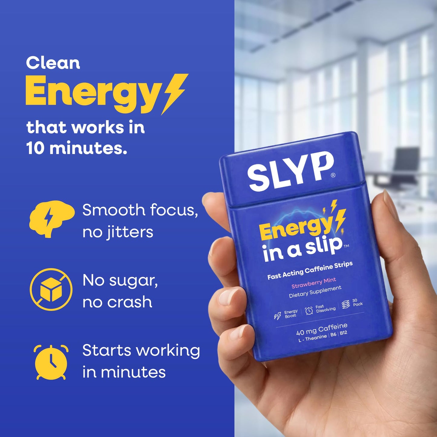 Slyp Caffeine Strips Energy Supplements Chewable – Strawberry Mint, 40mg Caffeine, L-Theanine, Vitamin B6 & B12, 30 Count