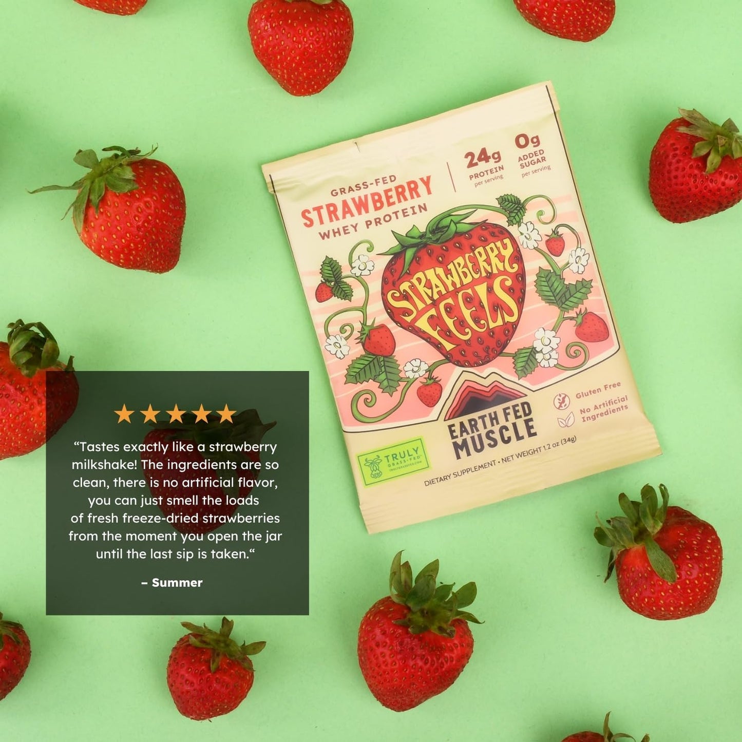 Earth Fed Muscle Whey Back Irish Grass Fed Whey Protein Isolate, Single-Serve Packet, Strawberry Feels Forever, 1.2 oz
