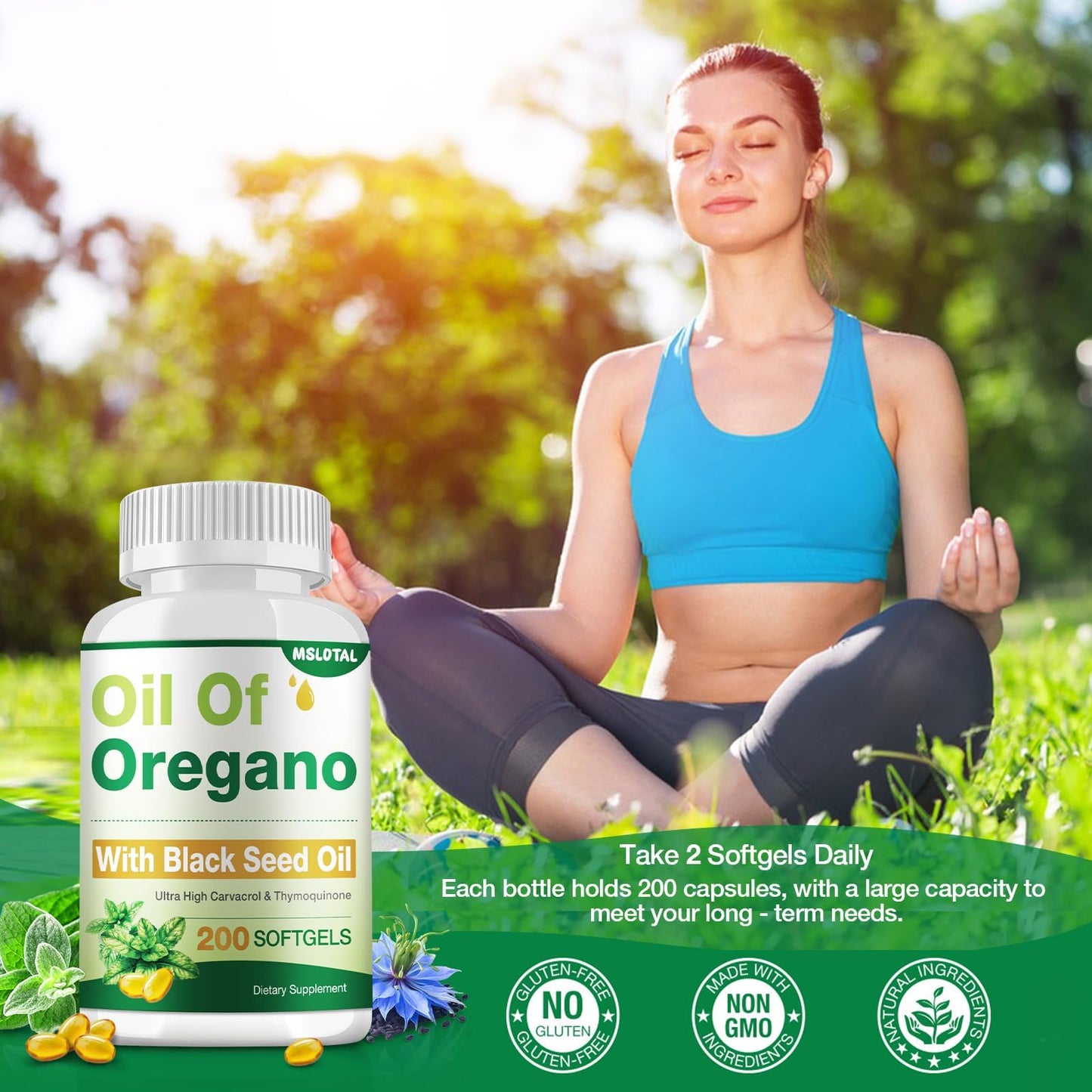 MSLOTAL Oregano Oil Black Seed Oil Softgels 200 Count