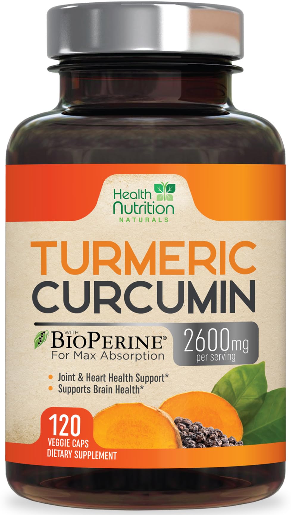 Health Nutrition Naturals Turmeric Curcumin Supplement 2600mg 95% Curcuminoids with Organic Turmeric & BioPerine for Best Absorption, Vegan Joint Support, Non-GMO, 120 Capsules