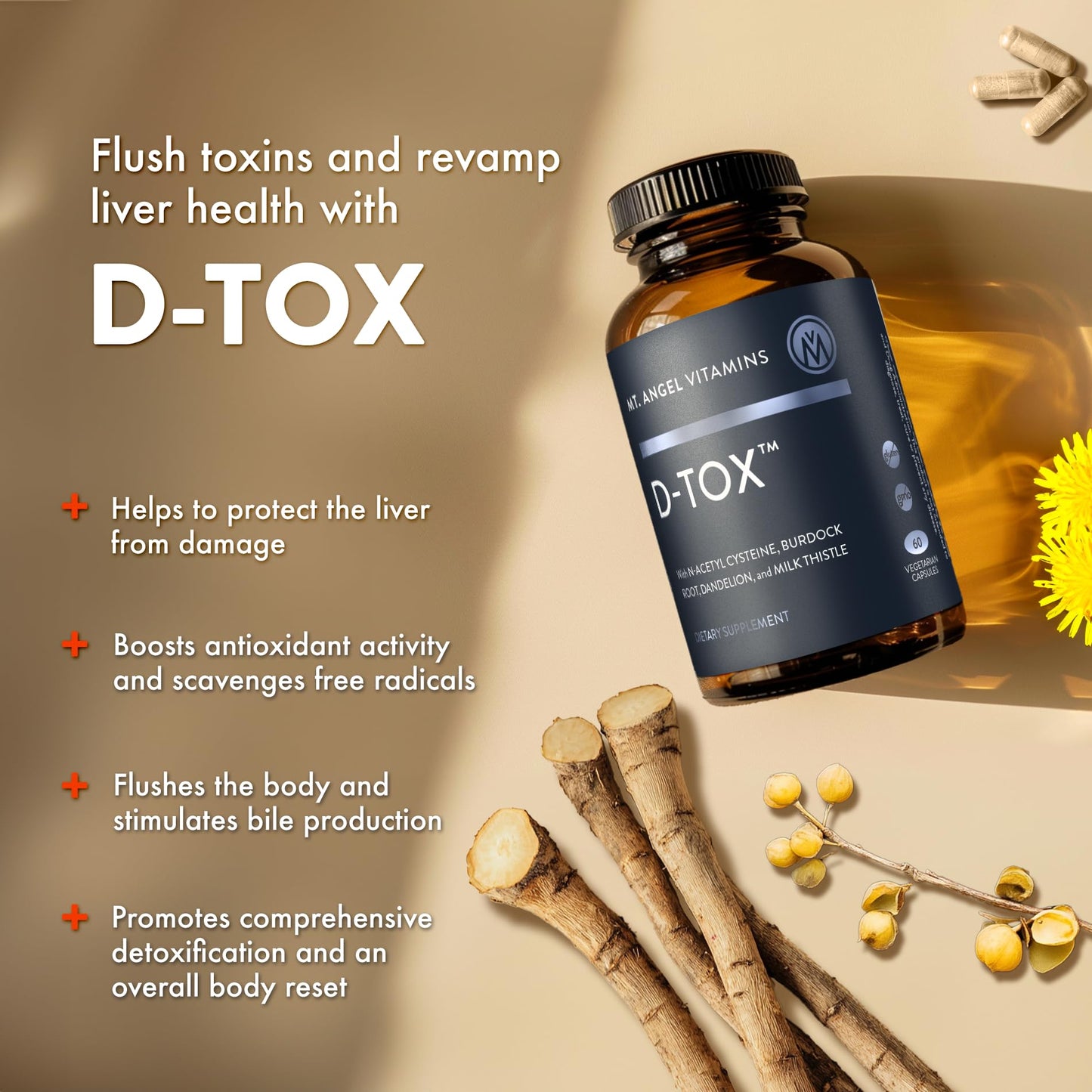 Mt. Angel Vitamins D-Tox - Advanced Liver Cleanse & Detox Repair Supplement, Supports Fatty Liver Health & Enzyme Reduction with Milk Thistle, NAC, and Dandelion Root, 60 Capsules
