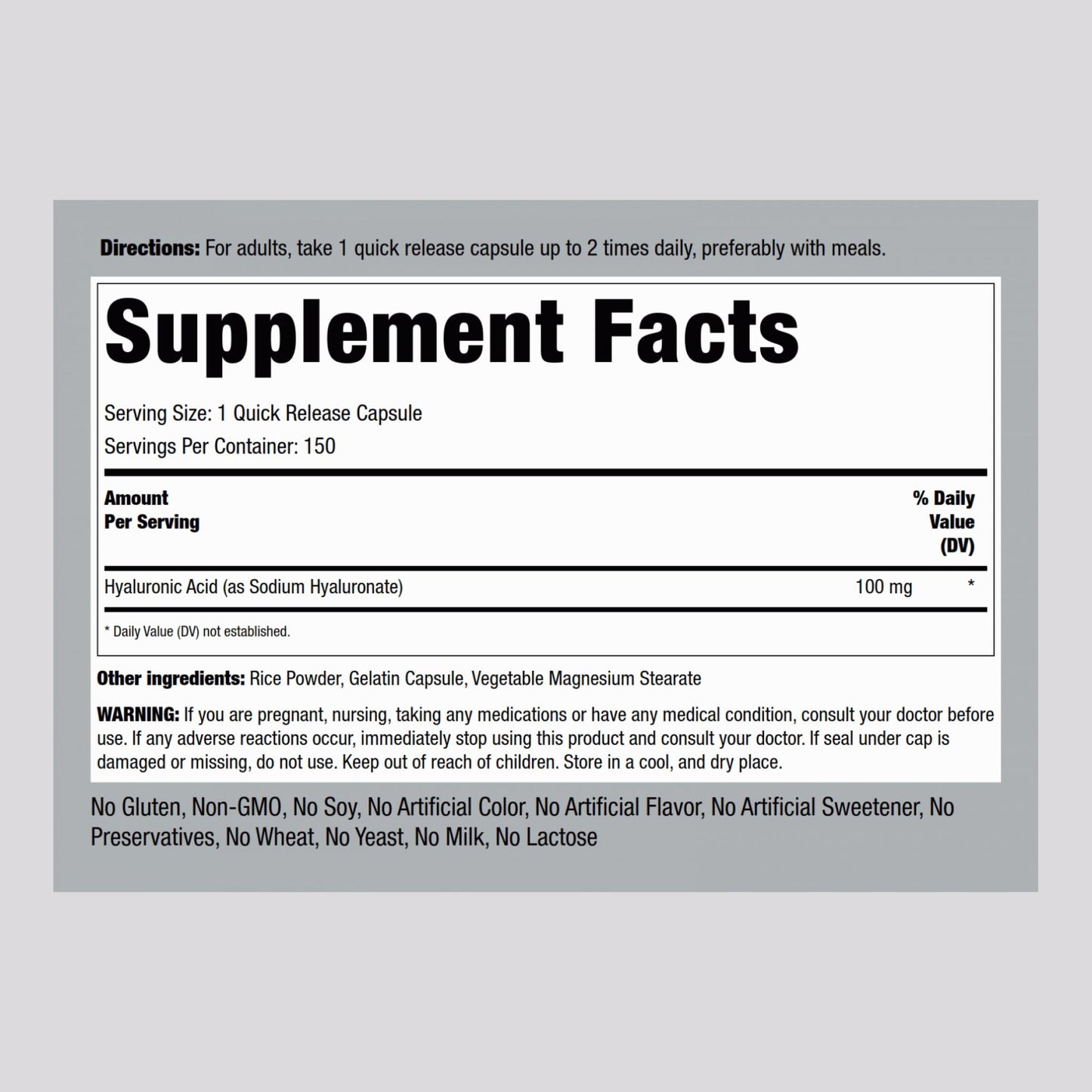 Piping Rock Hyaluronic Acid Supplement 100mg, 150 Capsules
