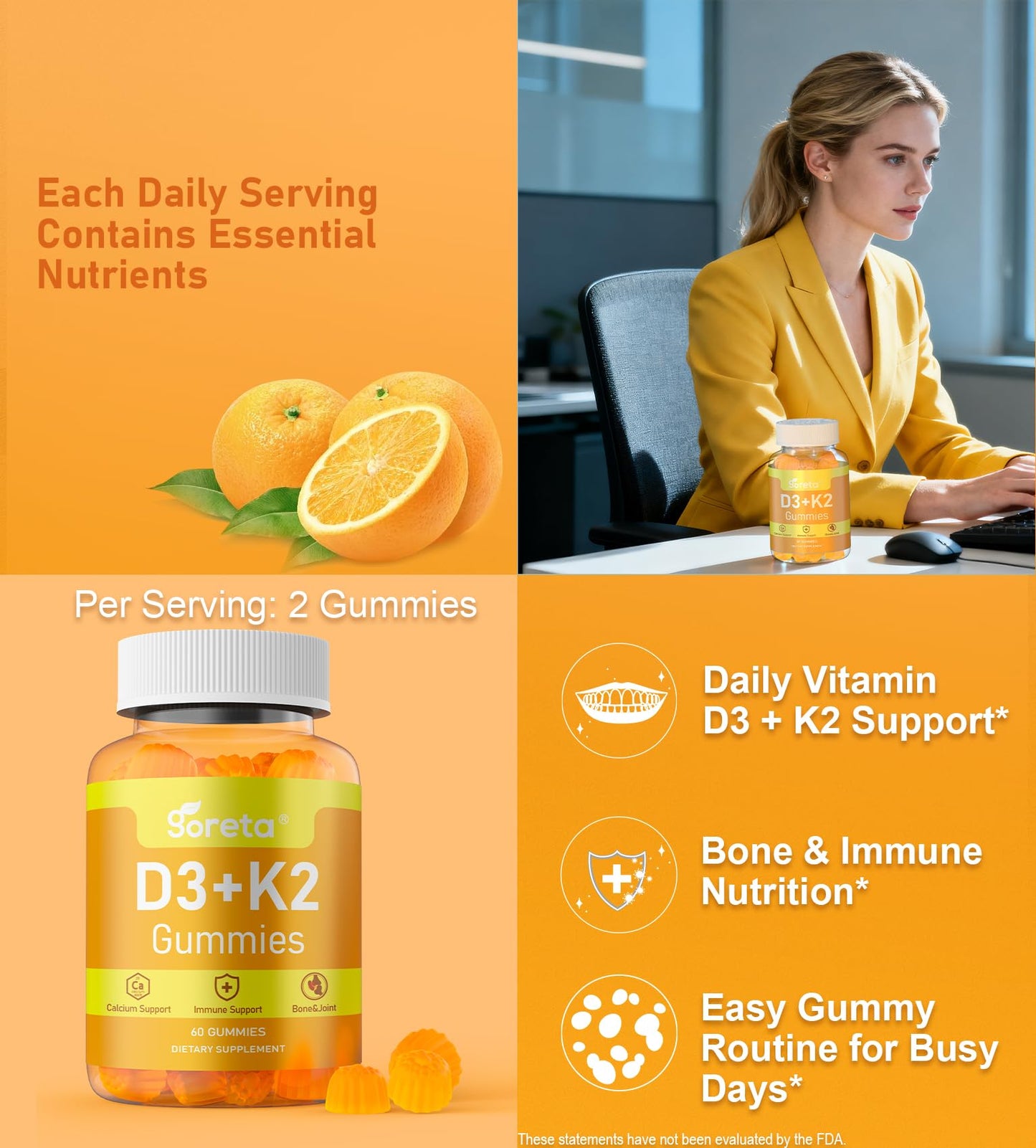 Goreta Vitamin D3 K2 Gummies 10,000 IU MK-7 Calcium & Magnesium, 60 Count