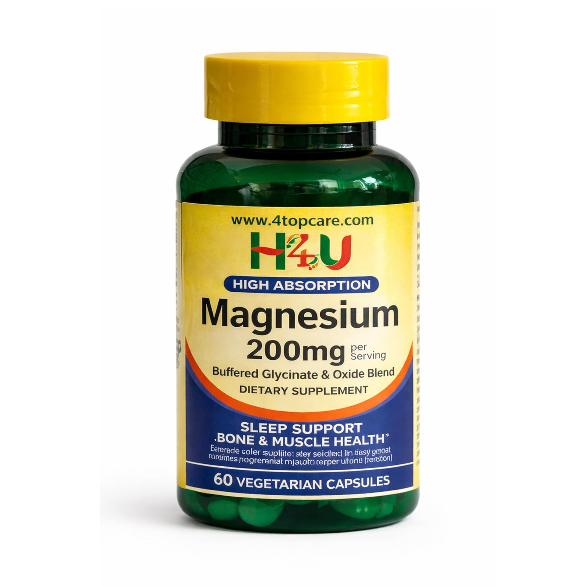 4 TOP CARE H4U Magnesium Glycinate & Oxide Blend 200 mg – High Absorption Magnesium Supplement – Supports Relaxation, Muscle & Bone Health, Capsule, 60 Count