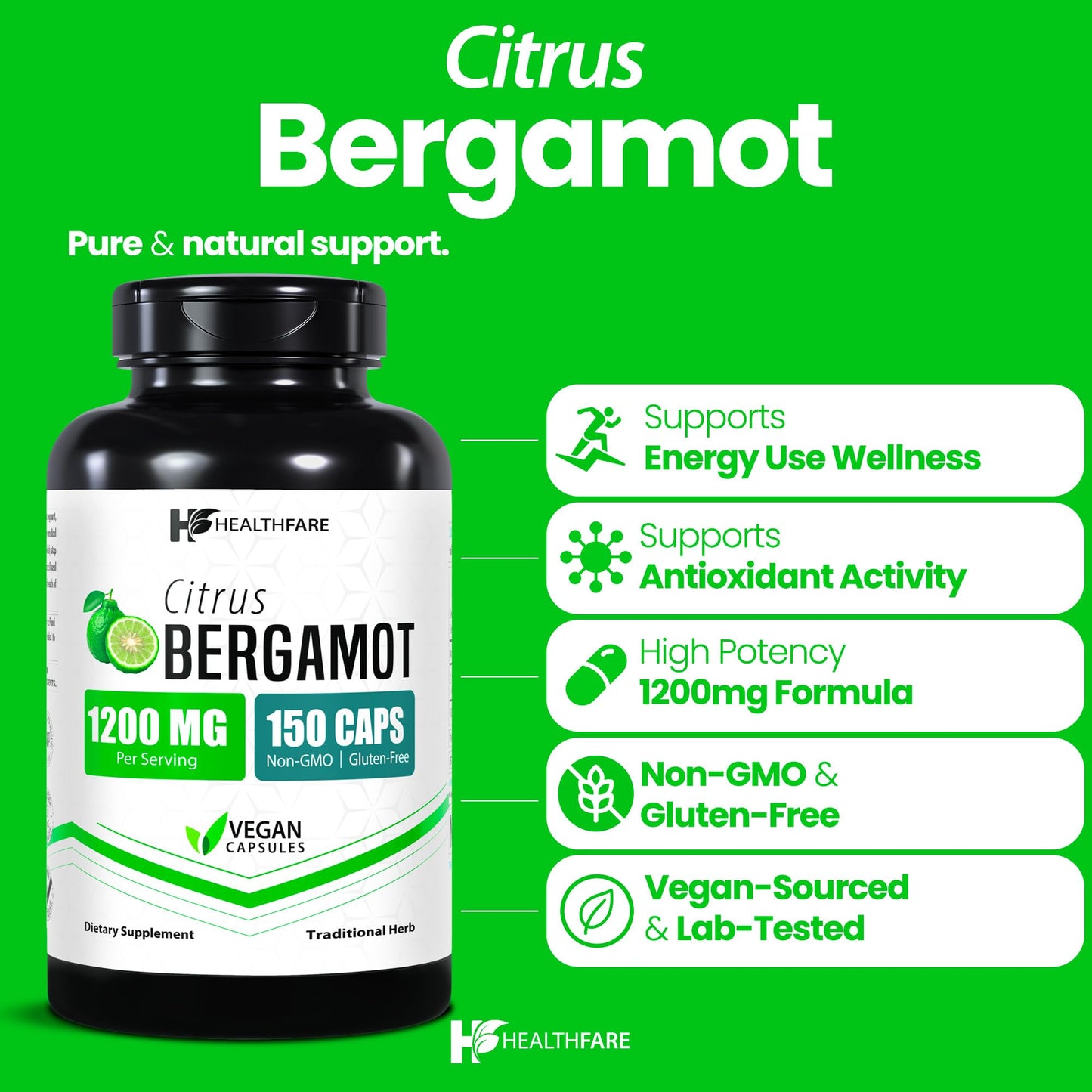 Healthfare Citrus Bergamot 1200mg Capsules, 150 Count