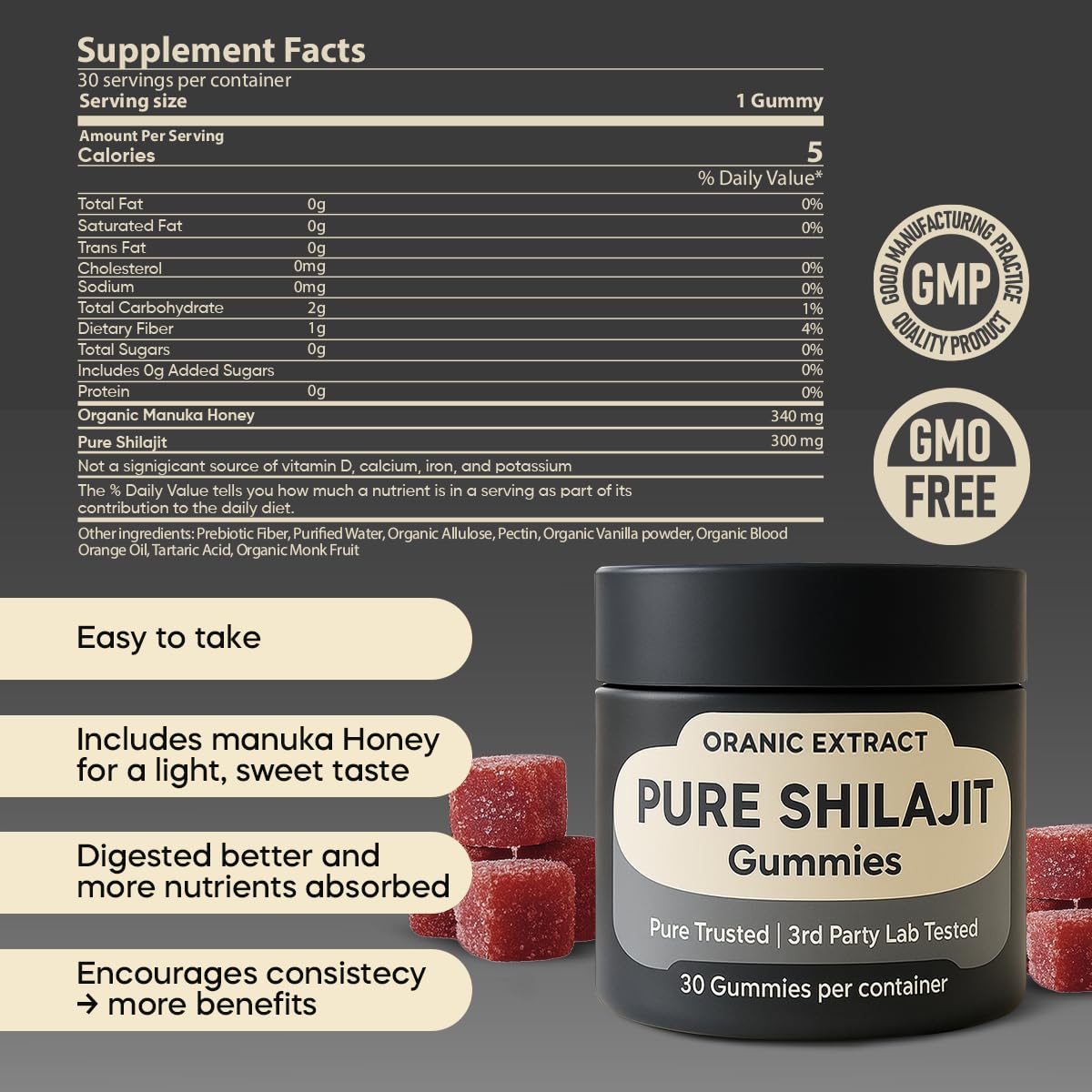 ORANIC EXTRACT Shilajit Gummies – Himalayan Source 9000mg, Energy & Immune Support for Men & Women, Fulvic Acid + 85 Trace Minerals, Manuka Honey Flavor, Organic, Non-GMO, 30 Gummies