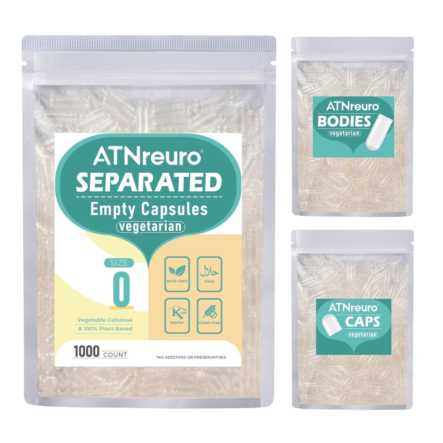 ATNreuro Vegan Separated Empty Capsules Size 0 Capsule 1000 Count
