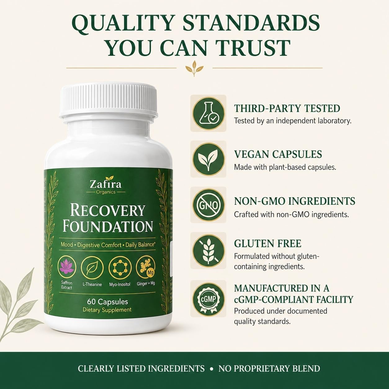 SHIADA Zafira Organics Recovery Foundation Saffron Extract & Myo-Inositol Supplement for Mood Support, Mental Clarity, Hair Health & Digestive Comfort with L-Theanine, Ginger & Magnesium, 60 Capsules