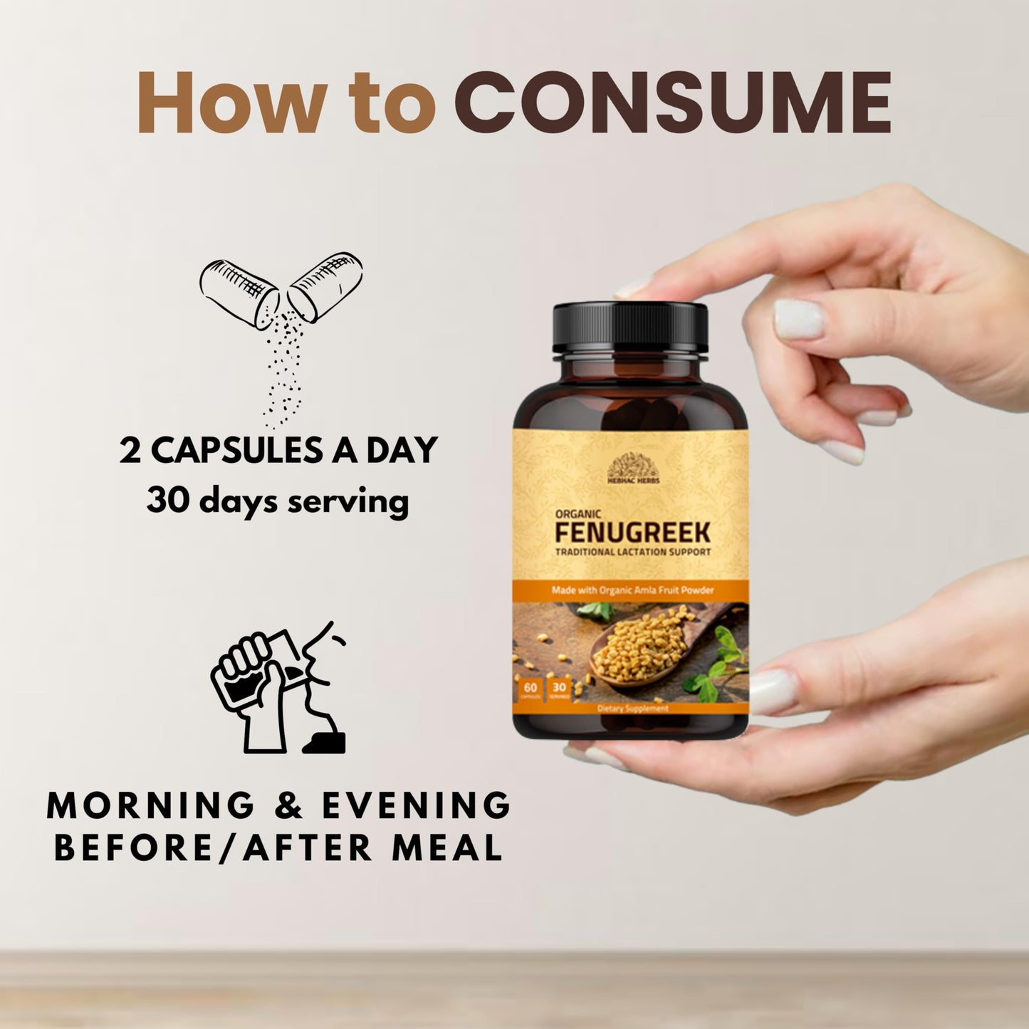 Hebhac Herbs Fenugreek Capsules for Women 1000mg, 60 Count