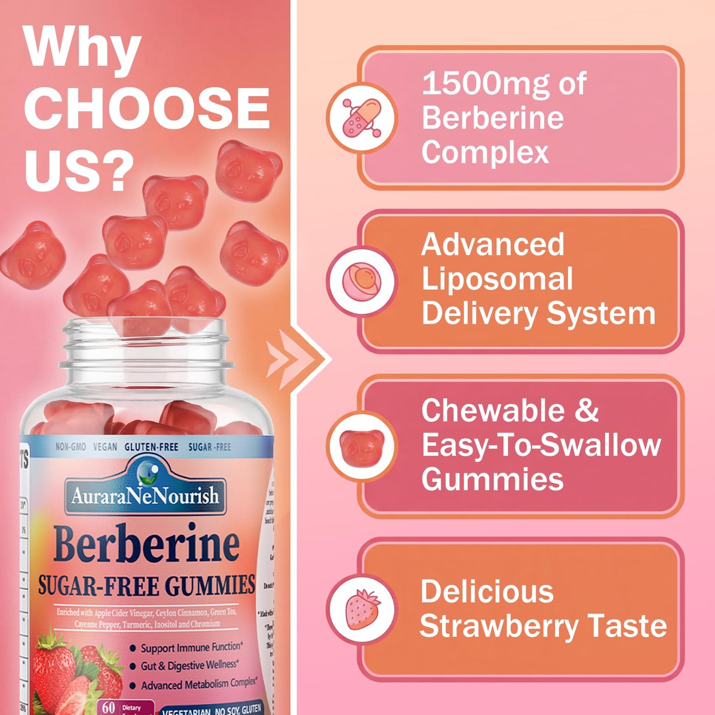 AuraraNeNourish Liposomal Berberine Supplement 1500mg High Potency Berberine Gummies with Ceylon Cinnamon, ACV & Turmeric for Digestive, Metabolic & Immune Support, Sugar Free, Vegan, 60 Gummies