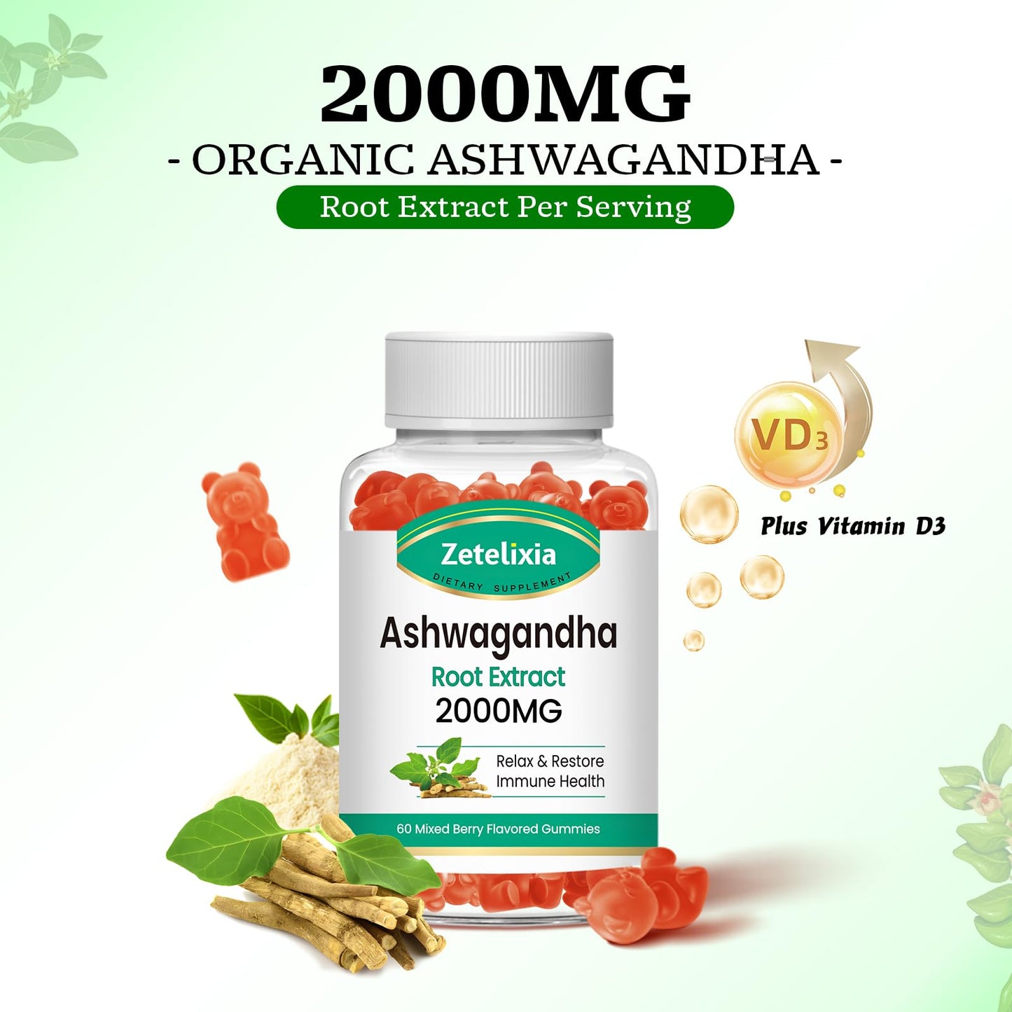 Zetelixia Ashwagandha Gummies with Extra Strength Vitamin D3 60 Count