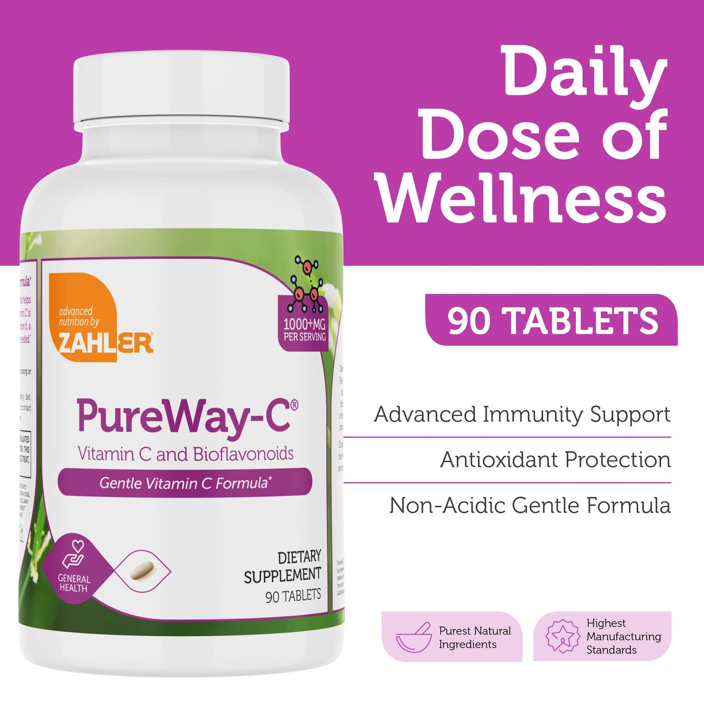 Zahler Vitamin C 1000mg Tablets with Bioflavonoids - High Potency for Immune Support - Gentle on Stomach - Gluten Free Supplement for Women & Men, 90 Tablets