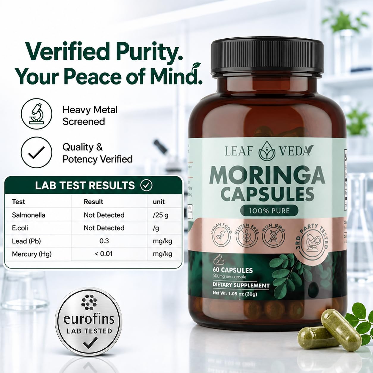 Leaf Veda Pure Moringa 1000mg Capsules, Vegan, Non-GMO, 60 Capsules