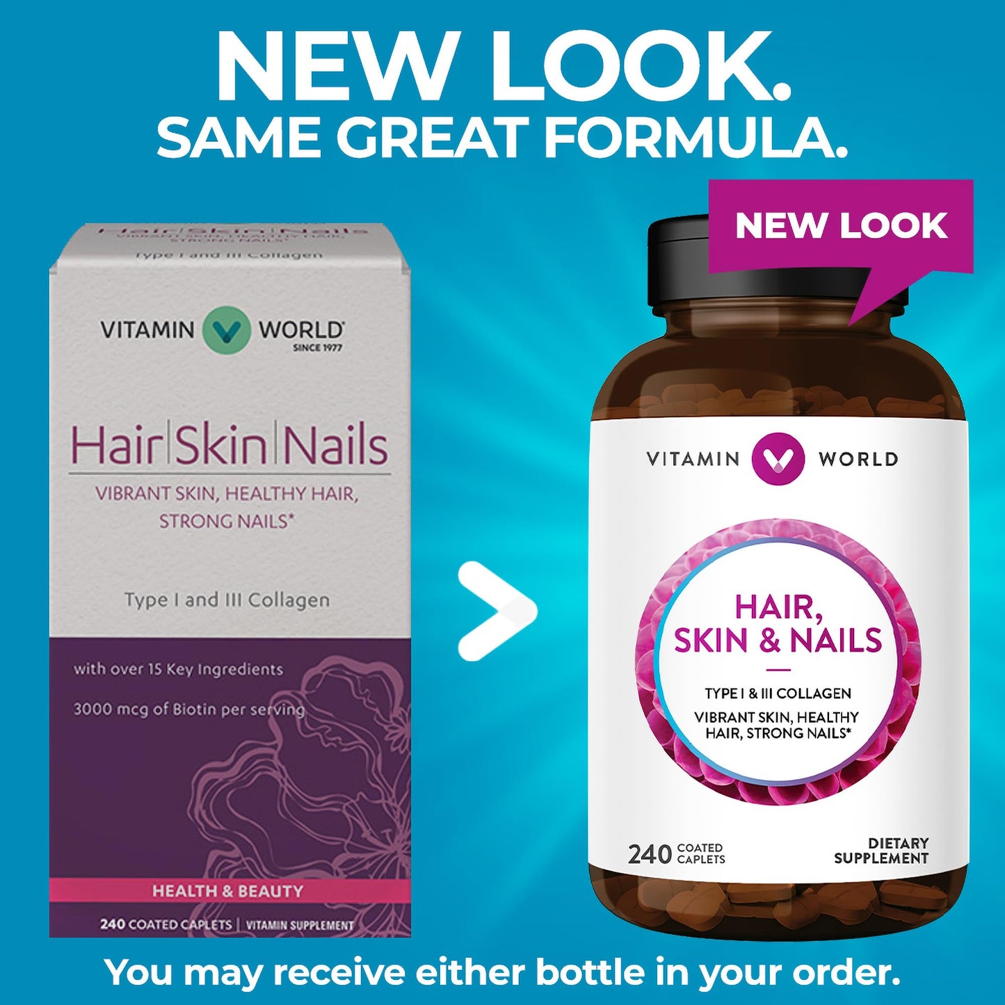 Vitamin World Hair, Skin and Nails Formula Caplets, 240 Count