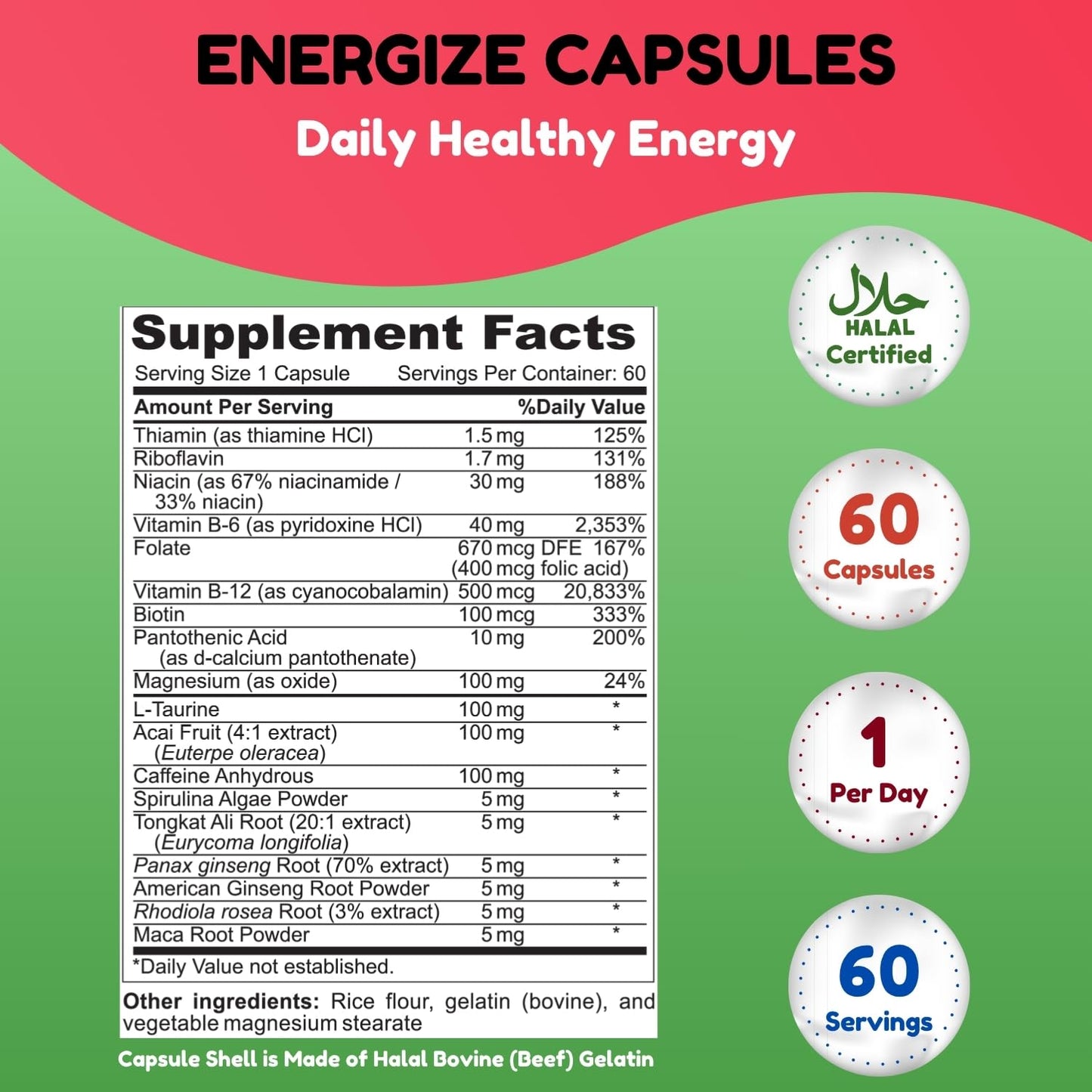SHIFAA NUTRITION Energize Natural Daily Energy Vitamins Capsules, 60 Count