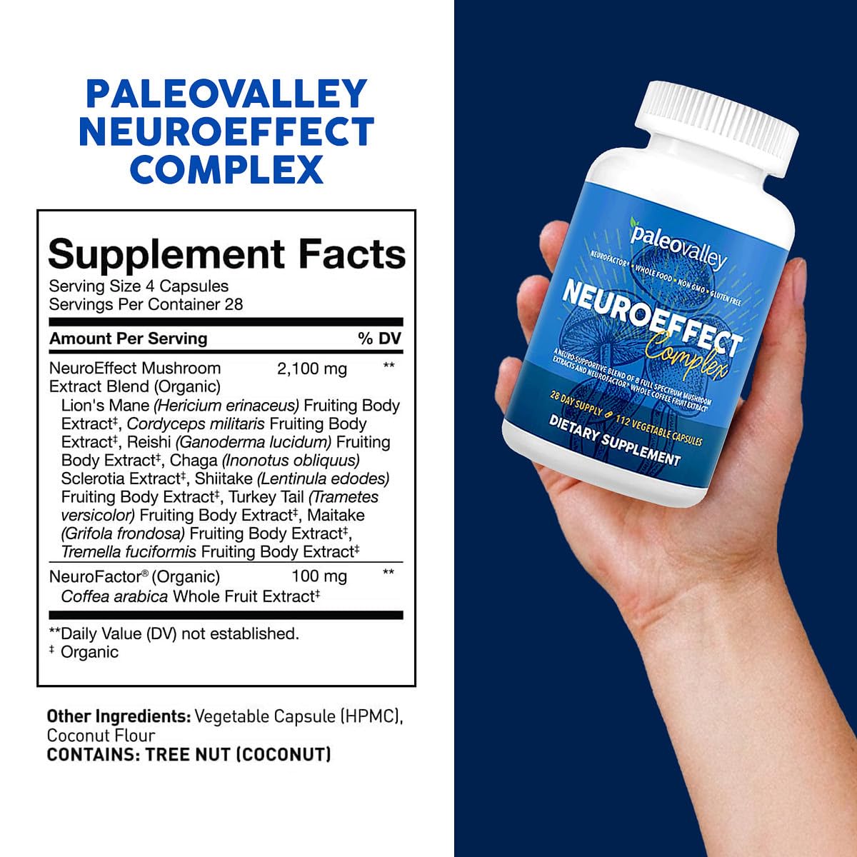 Paleovalley NeuroEffect Mushroom Coffee Nutritional Supplement Capsules, 112 Count