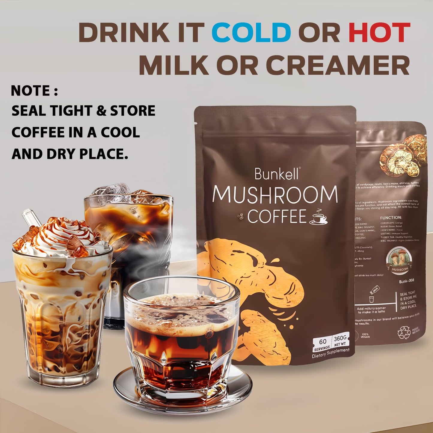 Bunkell Mushroom Coffee Instant Coffee Blend with 6 Adaptogenic Mushrooms Powder 12.7 Ounce