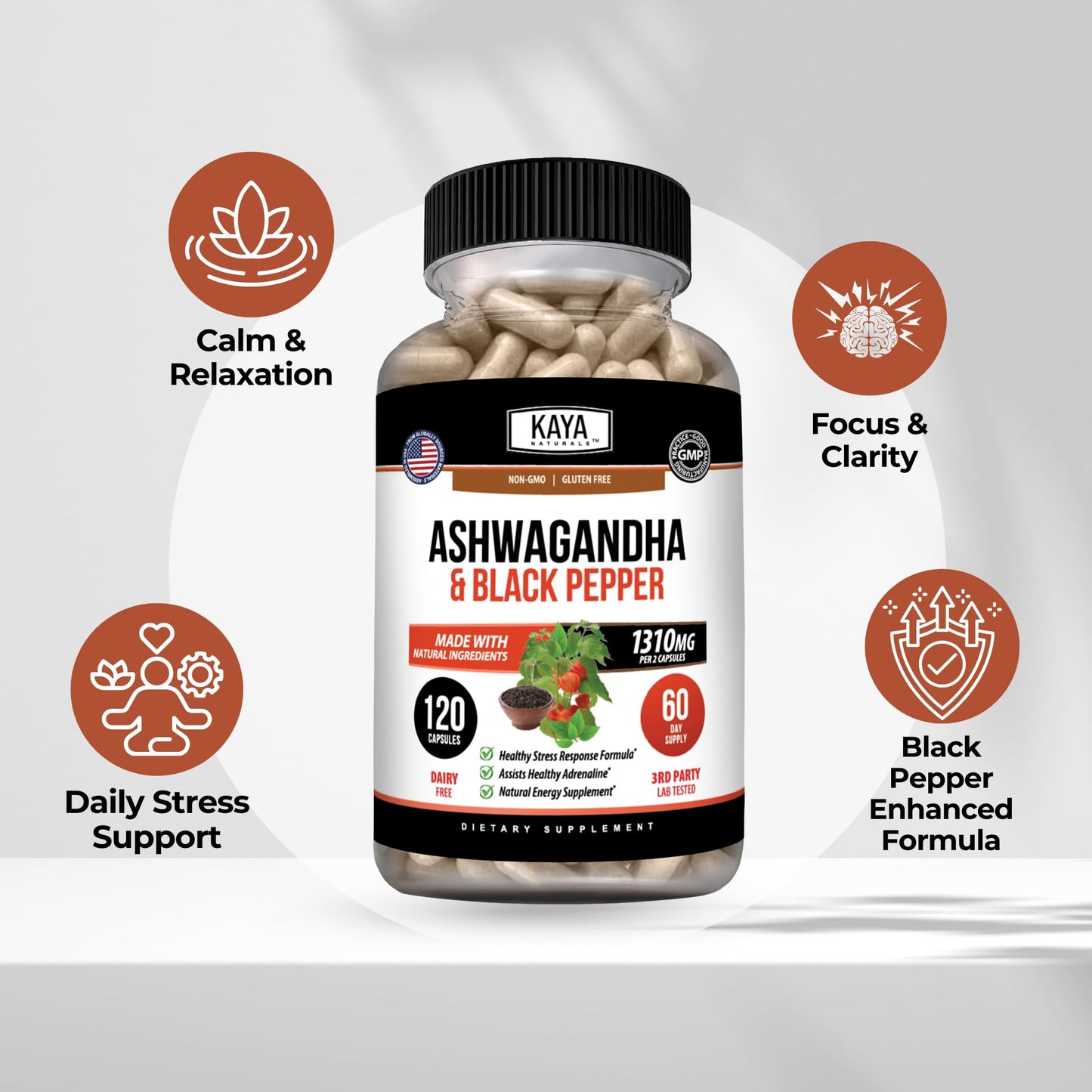 Kaya Naturals Ashwagandha 1300mg Capsules, 120 Count