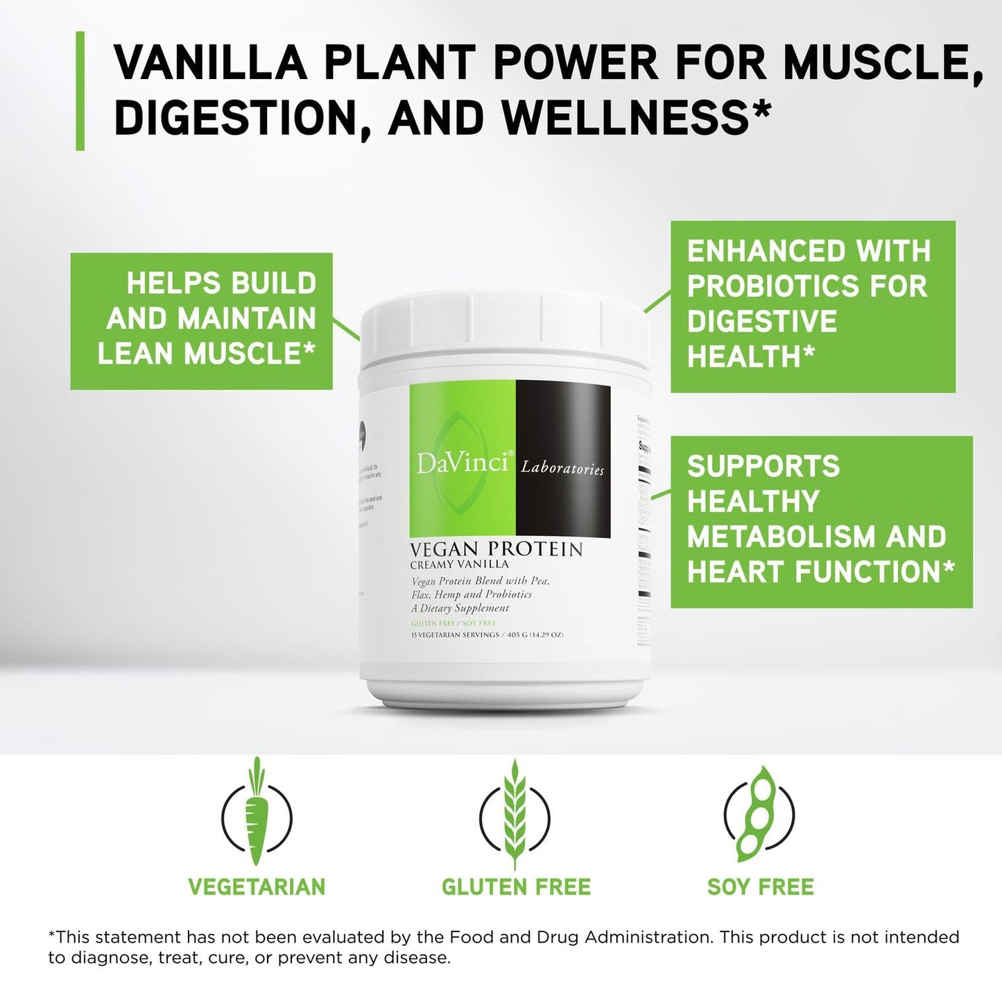 DAVINCI Vegan Protein Powder with Pea Protein & Flax Seed, Creamy Vanilla - 14.29 Ounce