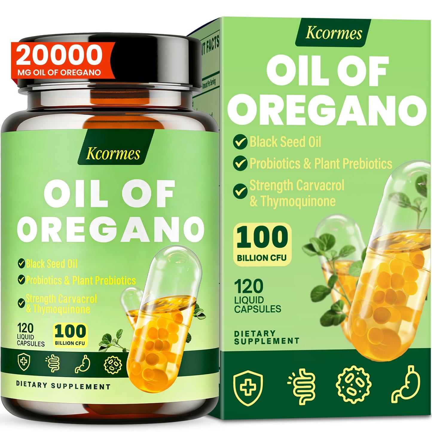 Kcormes Oil Of Oregano with Ethiopian Black Seed Oil 20000mg 120 Capsules