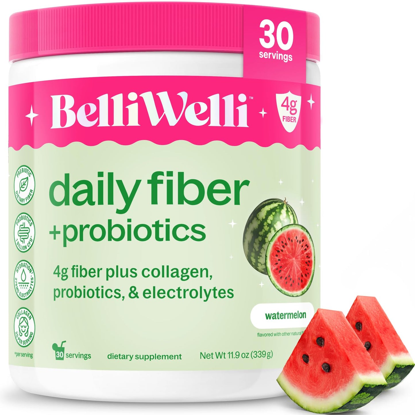 Belli Welli Fiber Supplement for Women & Men – Premium Daily Fiber Powder from Organic Acacia with Added Collagen, Electrolytes & Probiotics – No Bloat, Constipation & Gut Health Support (Watermelon), 11.9 Ounce