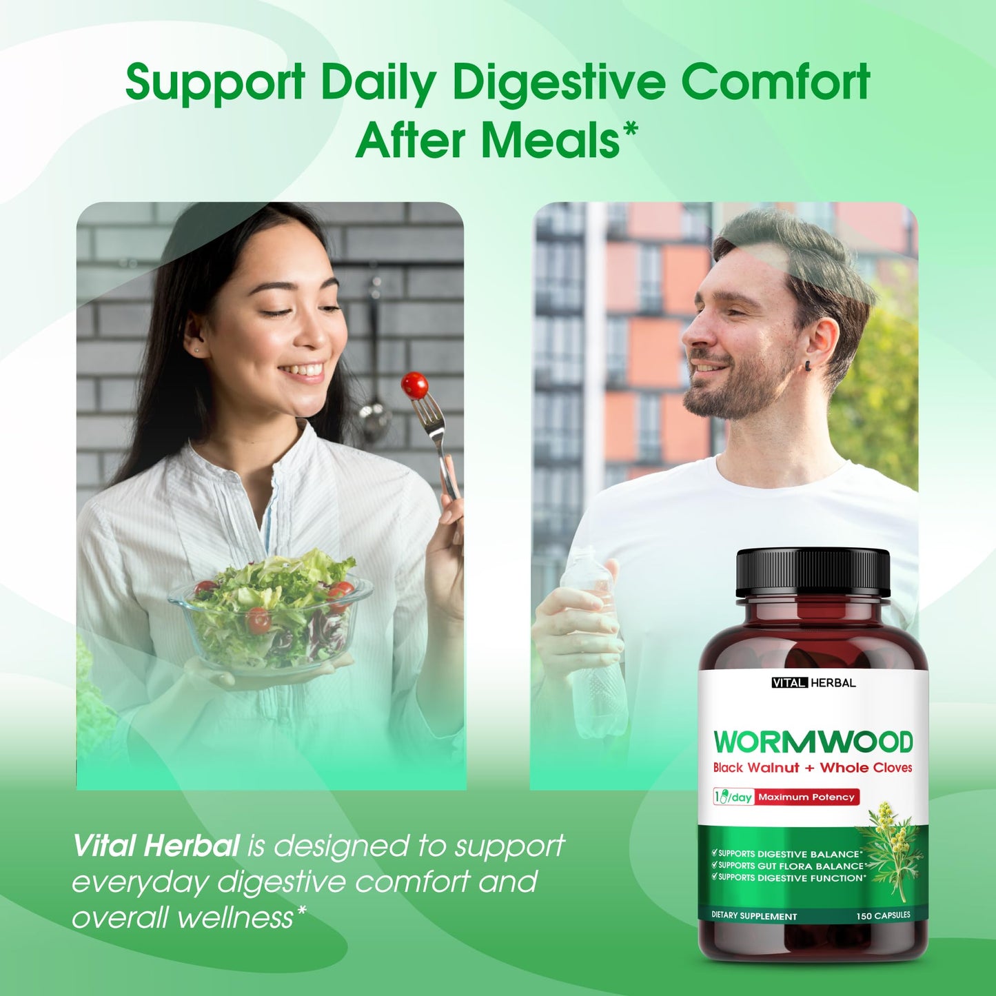 VITAL HERBAL Wormwood with Black Walnut Whole Cloves Ginger Capsules, 150 Capsules