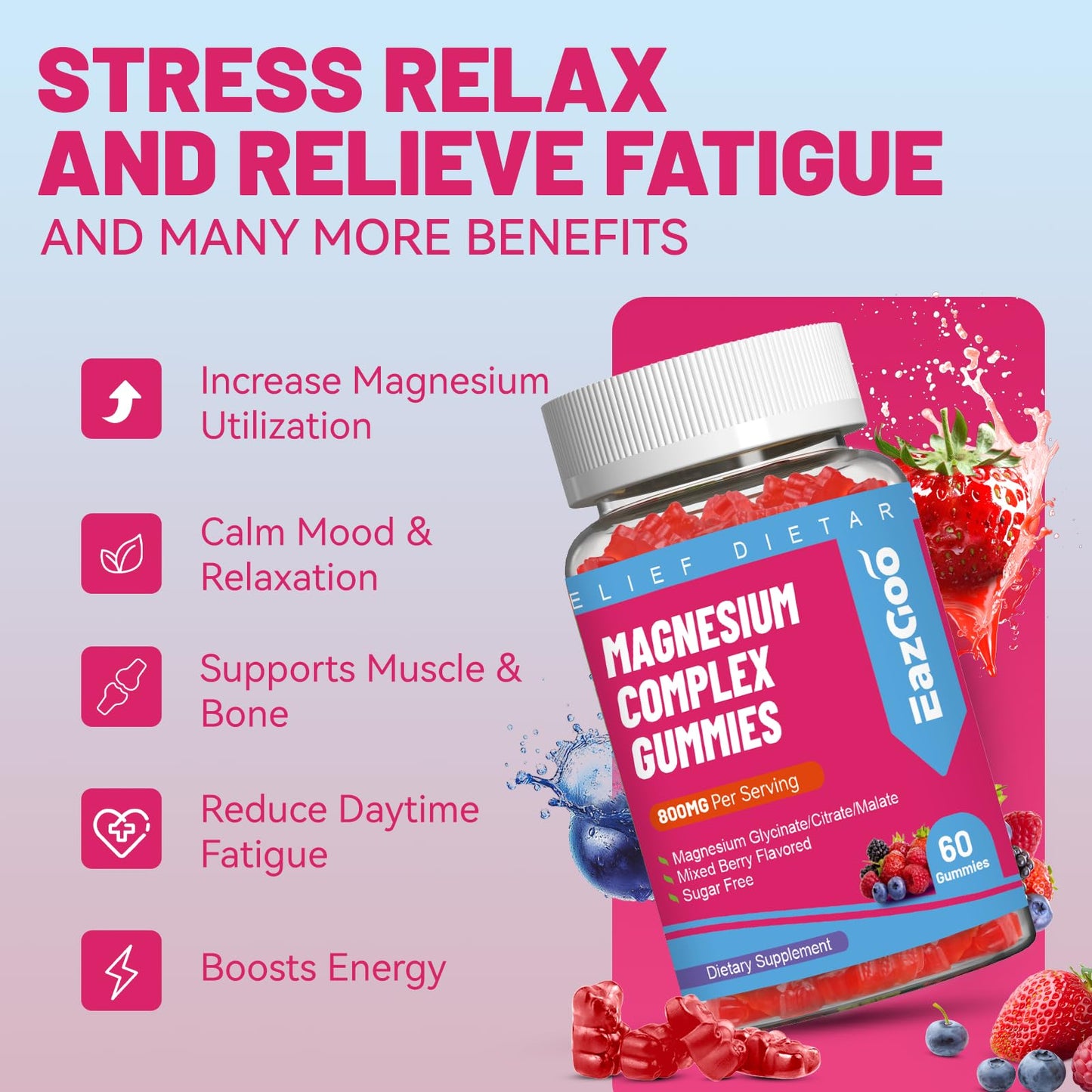 EAZGOO Magnesium Gummies 800mg - Vitamin D3, C, B6, B12 & Zinc Complex with Magnesium Glycinate, Citrate & Malate, 120 Gummies
