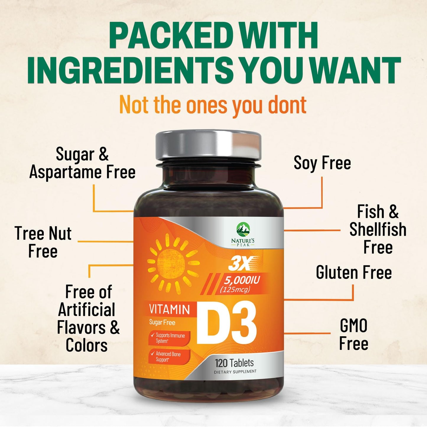 Nature's Peak Vitamin D3 5000iu (125 mcg) Per Serving - 3X Strength Immune Health Support Vitamin D Dietary Supplement for Bone, Teeth, Muscle - Vit D, Vegan, Gluten Free, Raspberry Flavor - 120 Chewable Tablets