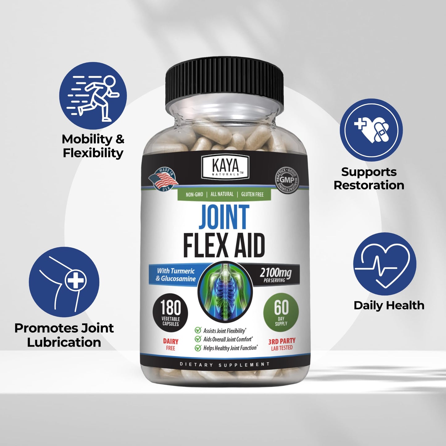 Kaya Naturals Flex Aid Mobility Support Turmeric Capsules with Glucosamine Sulfate, Boswellia Serrata and MSM - Knee Support and Mobility Health, 180 Capsules