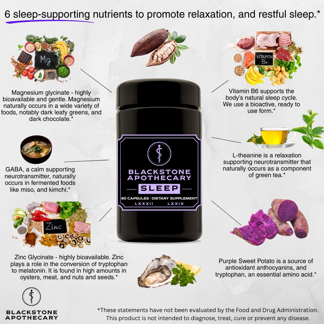 Blackstone Apothecary Sleep Supplement with Magnesium Glycinate, L-Theanine, GABA, Active B6 (P5P), Zinc Glycinate Capsules 60
