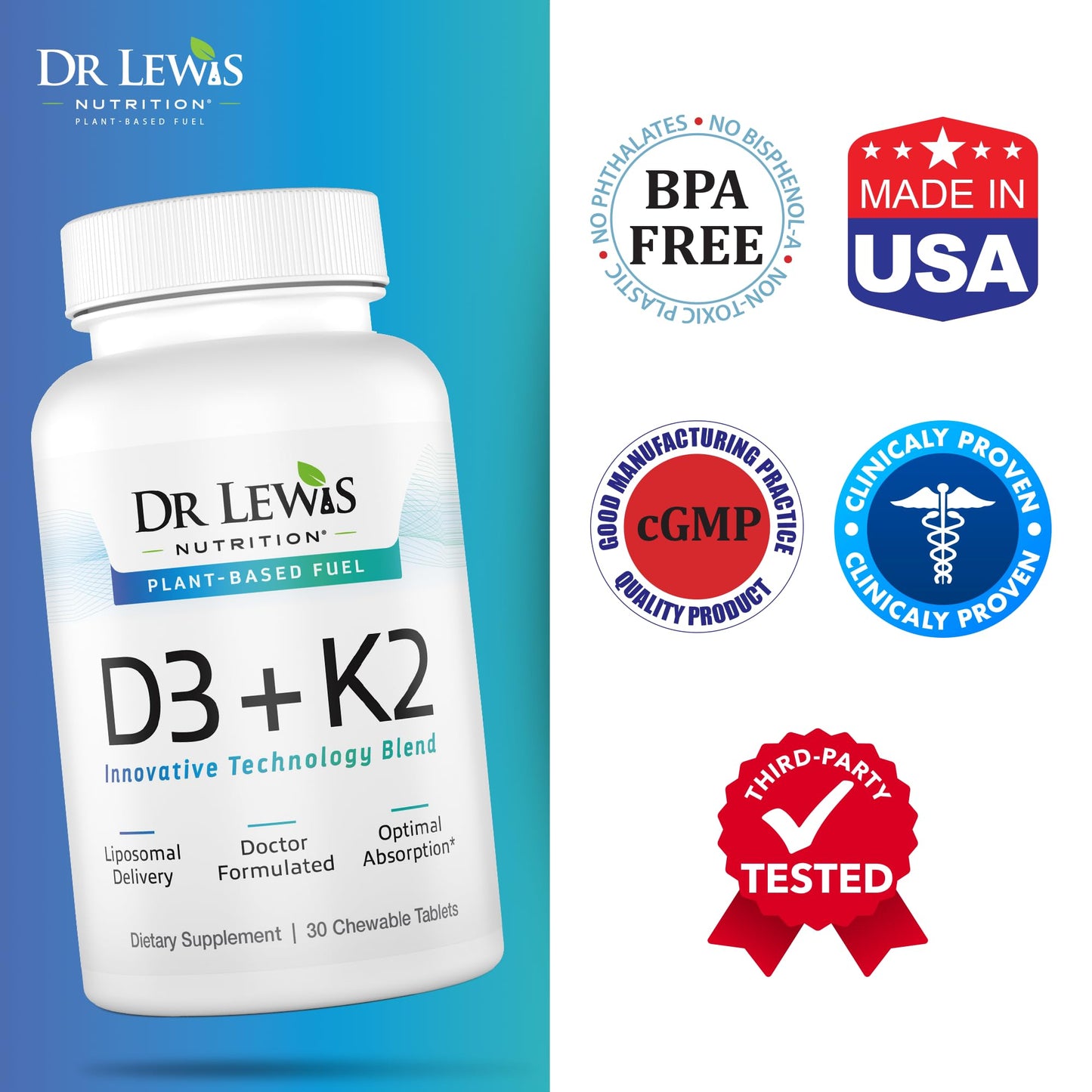 Dr Lewis Nutrition Liposomal Vitamin D3 + K2 Supplement Tablet, 1 Count