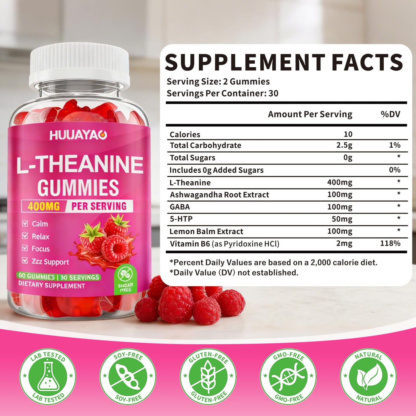 HUUAYAO L-Theanine Gummies 400mg with Ashwagandha, GABA, 5-HTP for Calm, Zzz & Relaxation Support, Raspberry Flavor, 120 Gummies