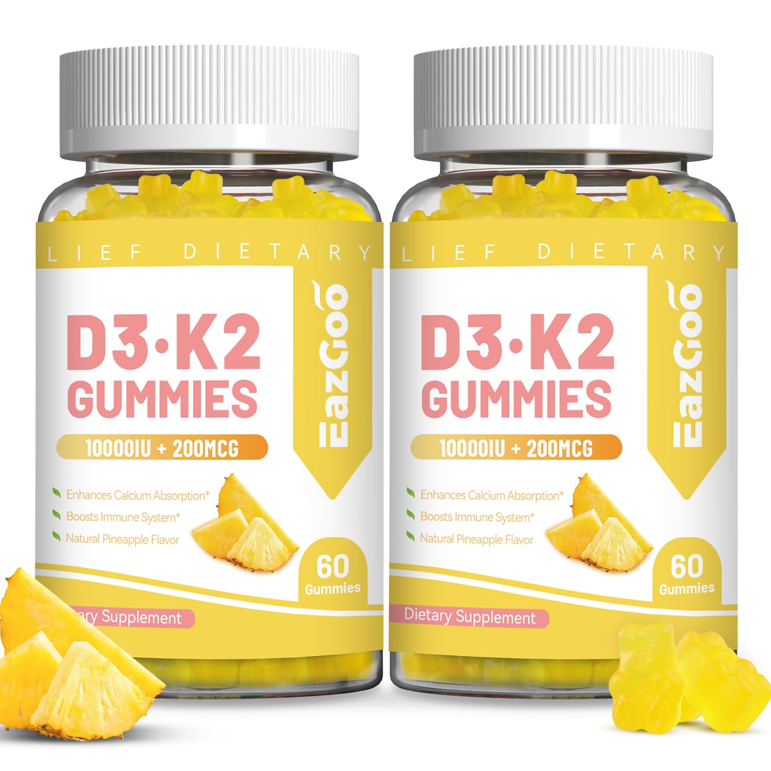 EAZGOO Vitamin D3 K2 Gummies - 10000IU D3 + 200mcg K2 (MK-7) - 120 Count