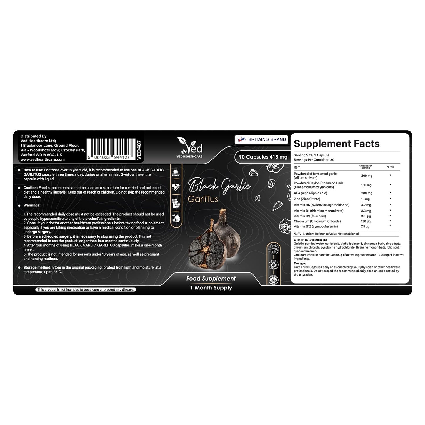 Ved GarliTus Fermented & Odorless Black Garlic Supplement, Capsule, 90 Count
