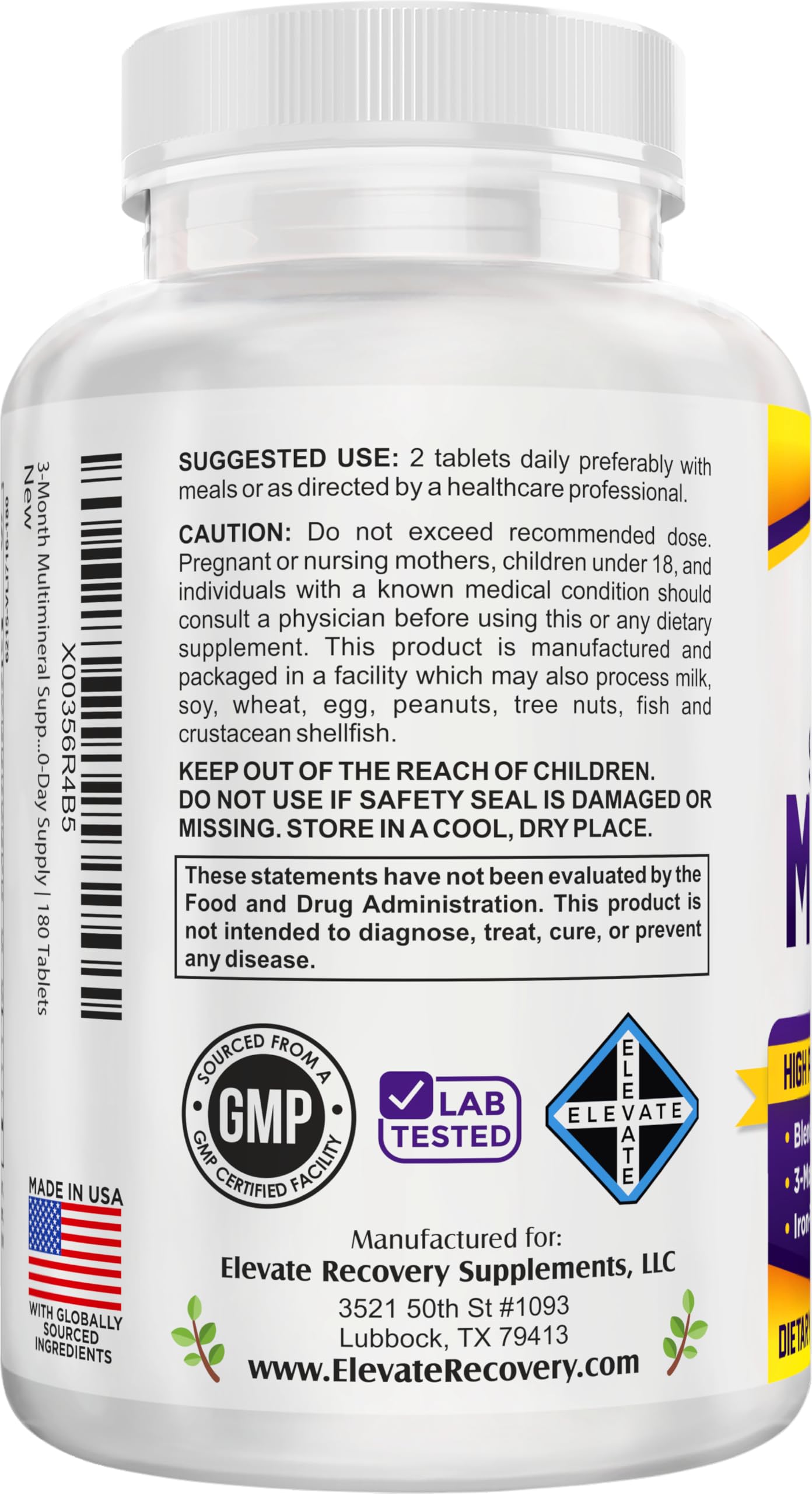 Elevate Recovery Supplements Multimineral Supplement Tablet 180 Tablets