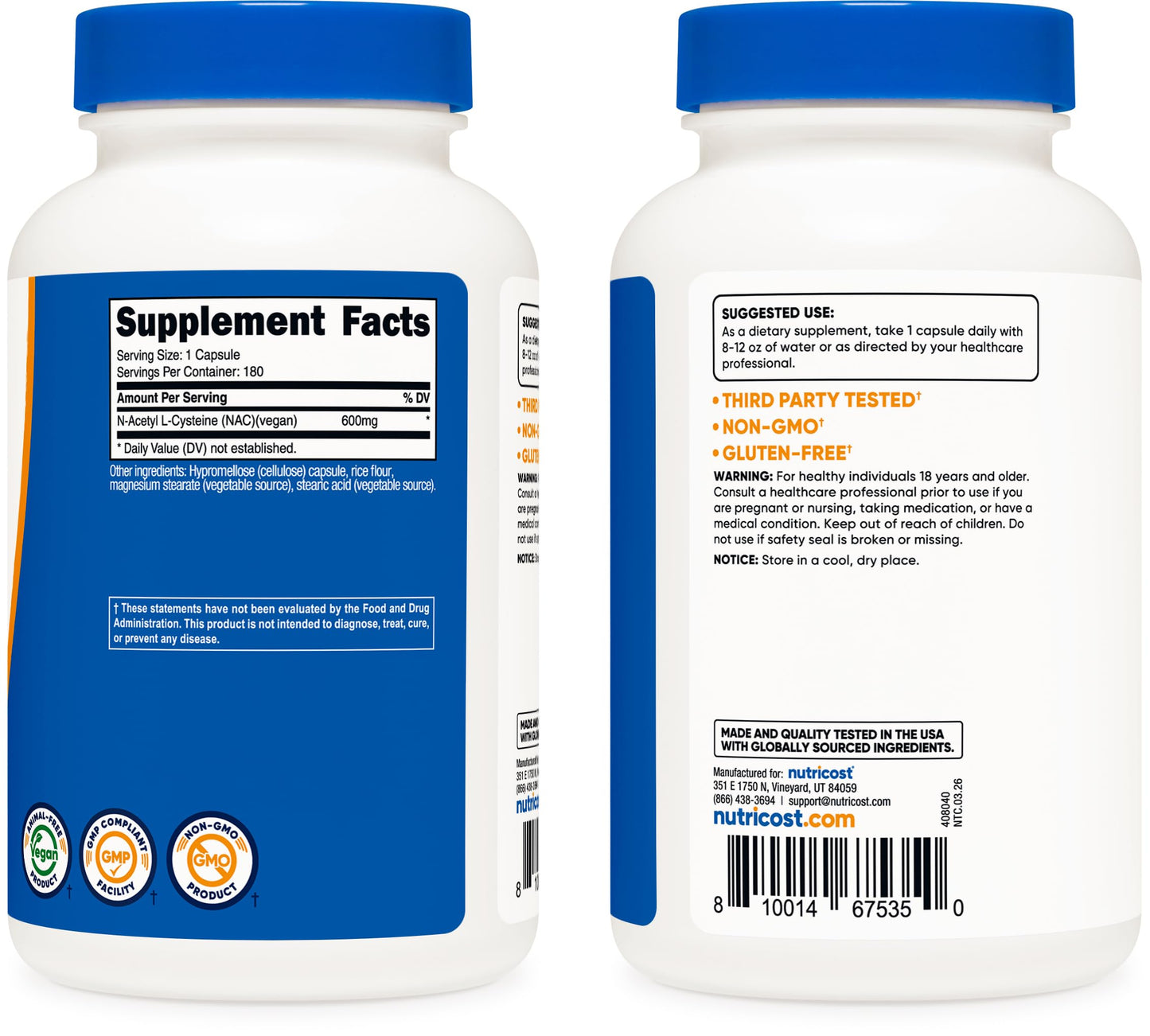 Nutricost N-Acetyl L-Cysteine (NAC) 600mg, 360 Capsules