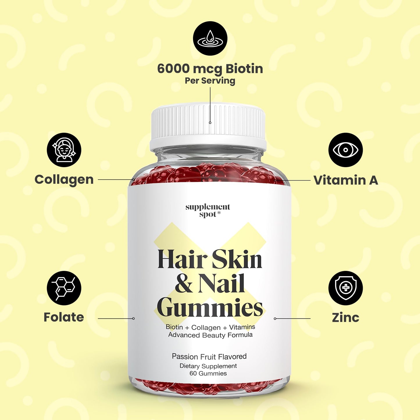 Supplement Spot Hair Skin and Nails Vitamins Biotin Gummies with Collagen, 6000 mcg Biotin, Passion Fruit Flavor, Gluten Free, 60 Gummies