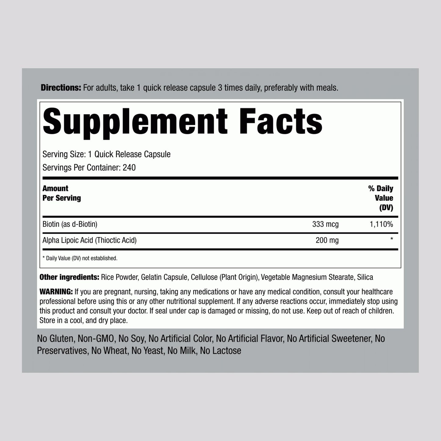 Piping Rock Alpha Lipoic Acid 200mg Plus Biotin Capsules, 240 Count