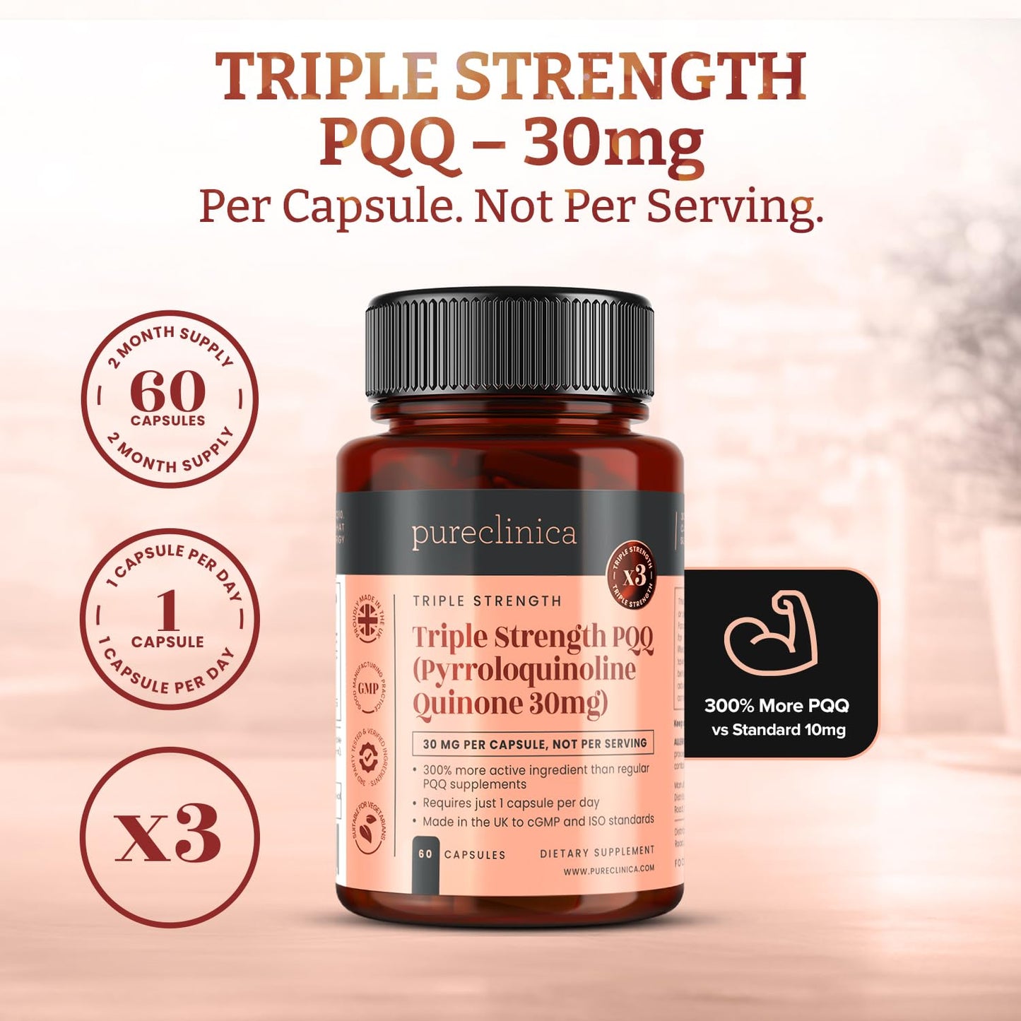 PureClinica PQQ Triple Strength Veggie Caps, 60 Count