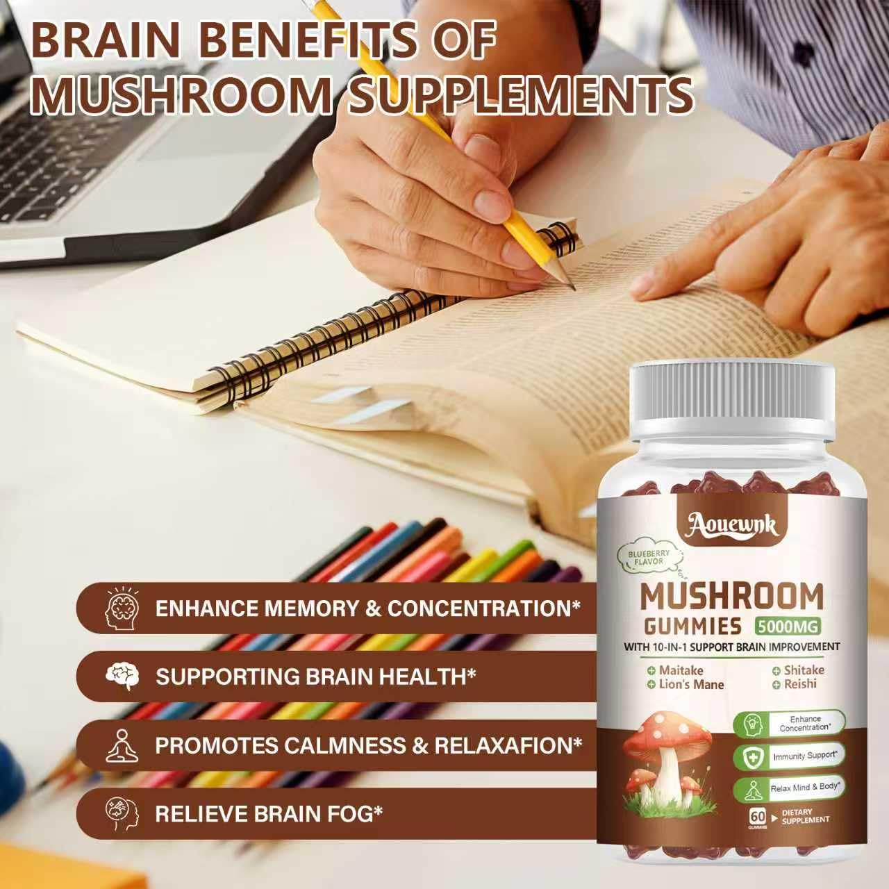 Aouewnk Mushroom Gummies Supplement 5000MG, 120 Gummies
