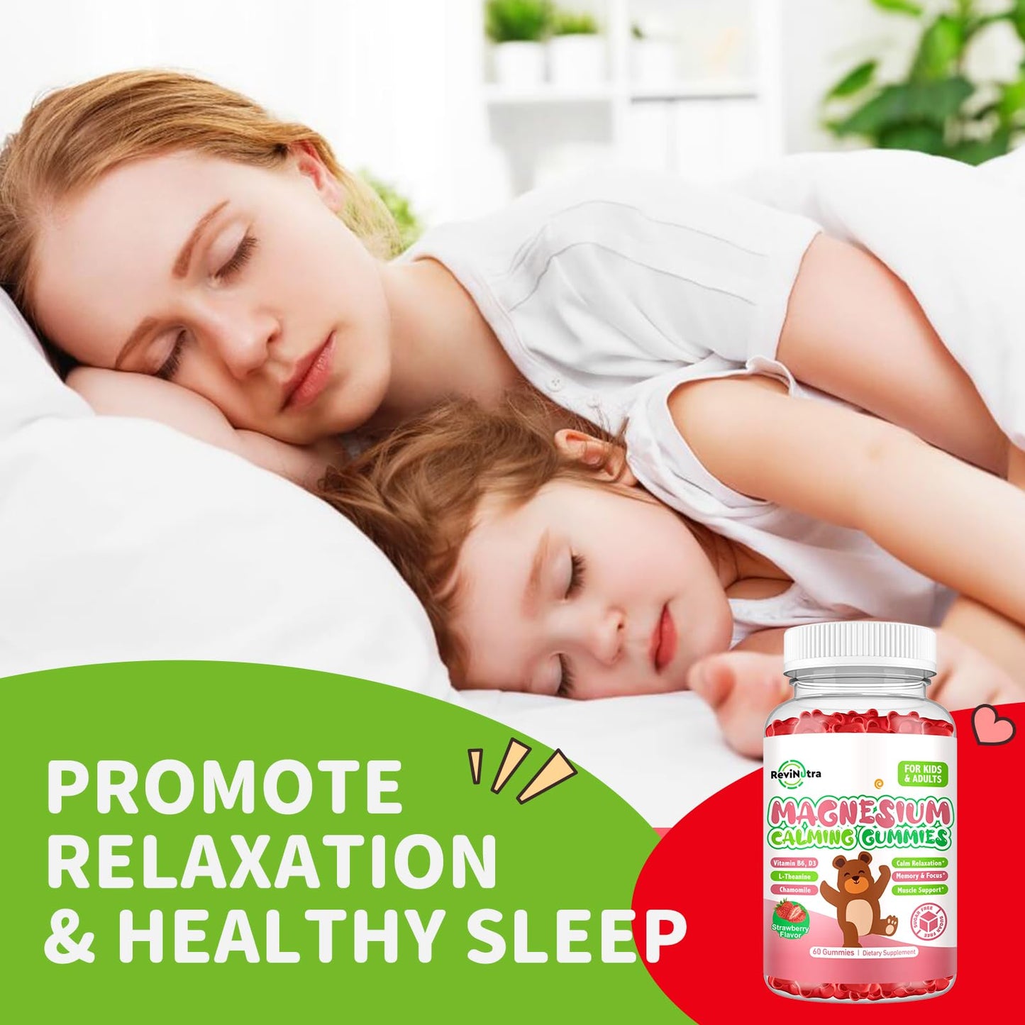 ReviNutra Magnesium Glycinate Gummies for Kids with L-Theanine, Vitamin B6 & D3, Sugar Free Strawberry, 60 Count